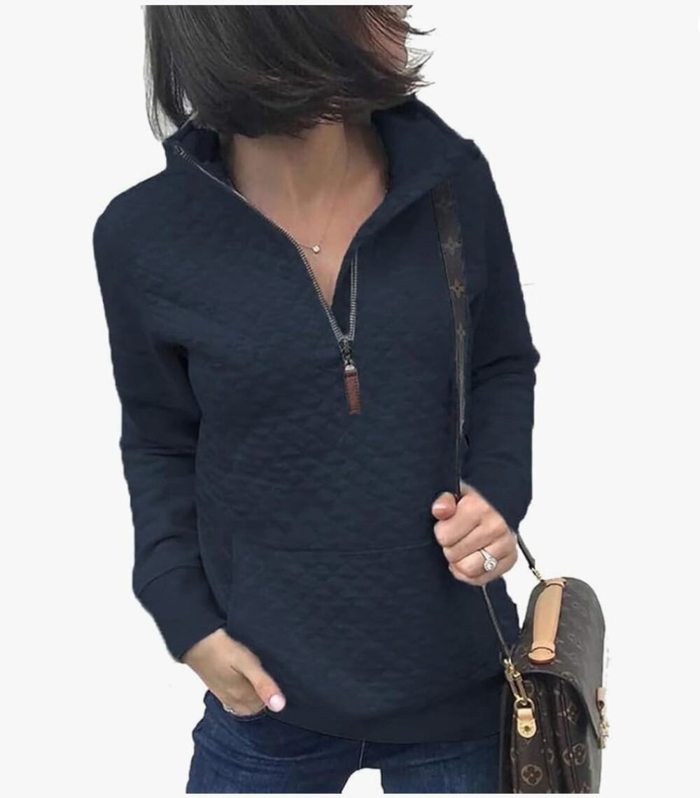 Navy Blue Quilted Long Sleeve 1/4 Zip Pullover Sweatshirt Top XL Soft Athletic